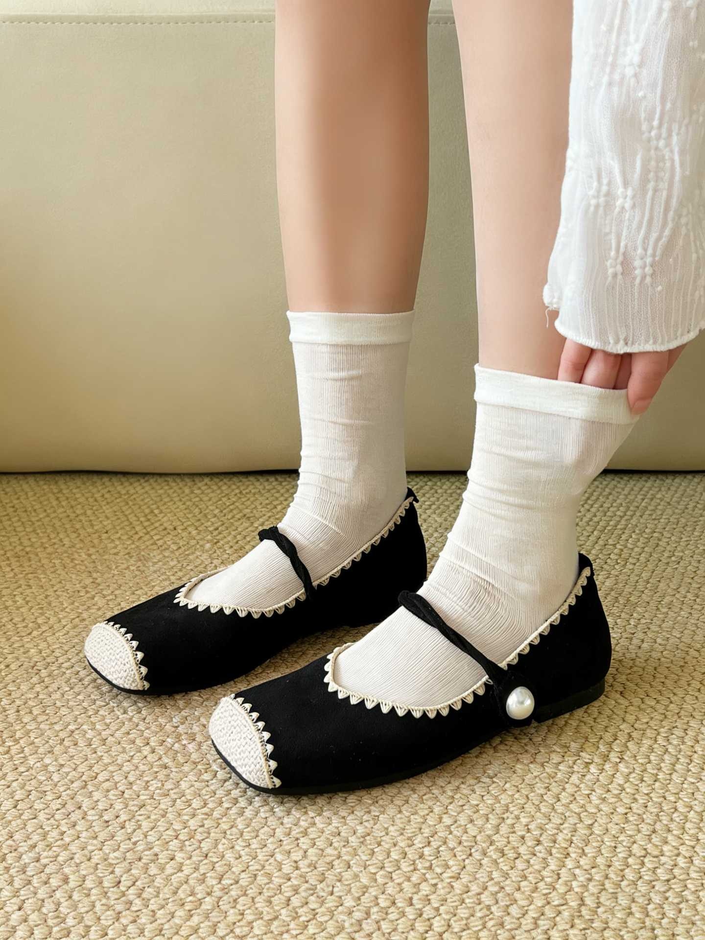 Women Thin Ribbed Crew Socks Solid Knit Mid Calf