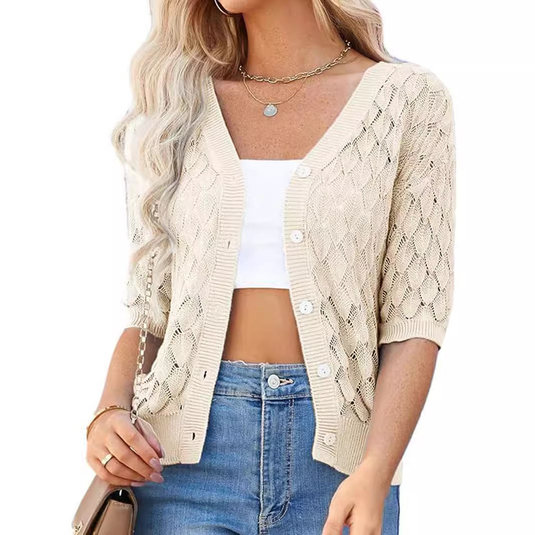 Linen Cropped Cardigan - V Neck Summer Cover-Up