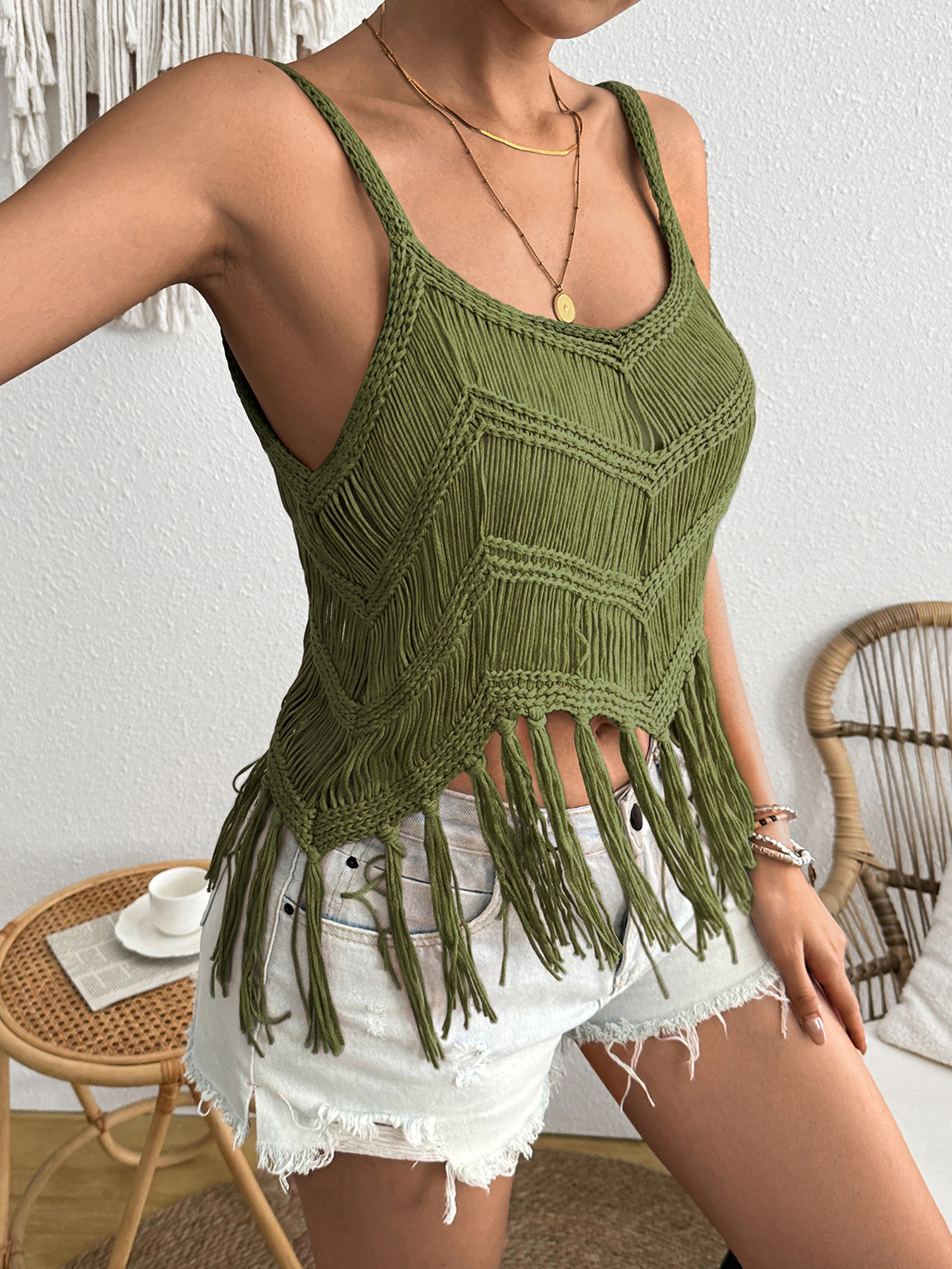 Women's Knit Tassel Cover-Up Hollow Out Summer Beach Top SSU-00039