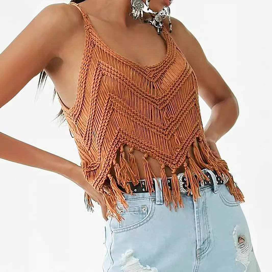 Women's Knit Tassel Cover-Up Hollow Out Summer Beach Top SSU-00039