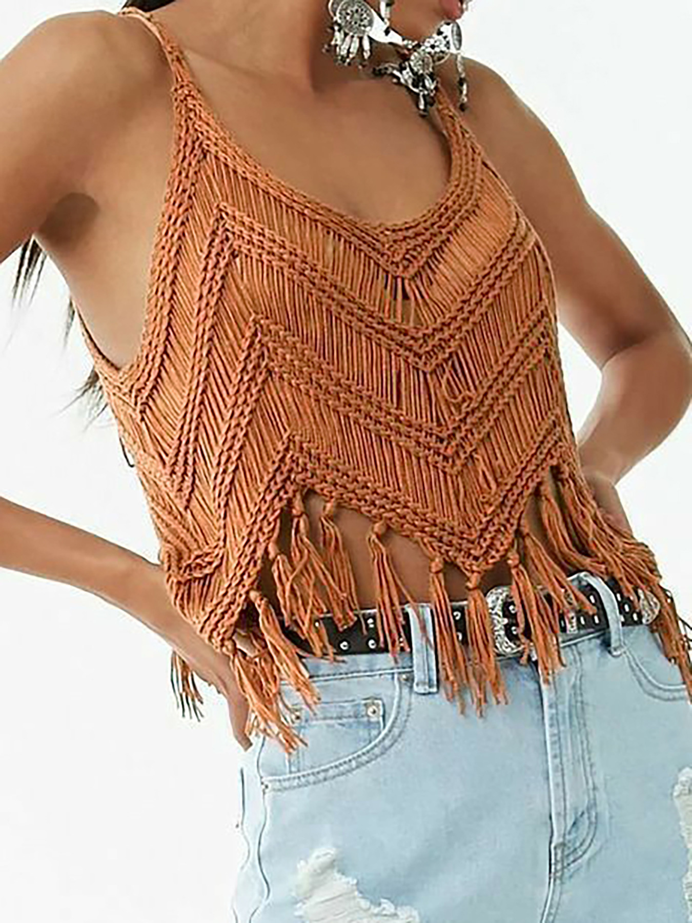 Women's Knit Tassel Cover-Up Hollow Out Summer Beach Top SSU-00039