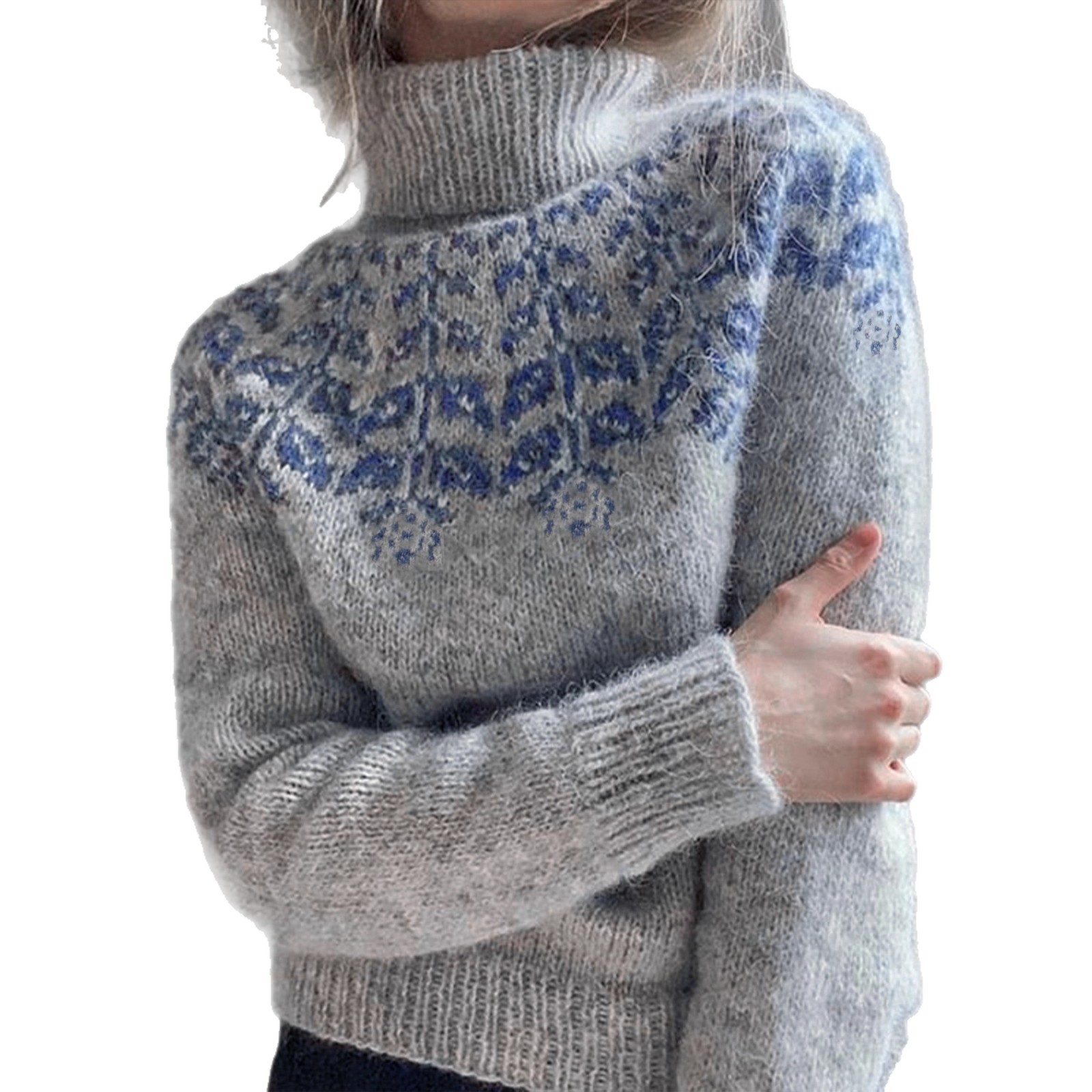 Knit Turtleneck Sweater Women Geometric Ribbed Texture SSU-00079