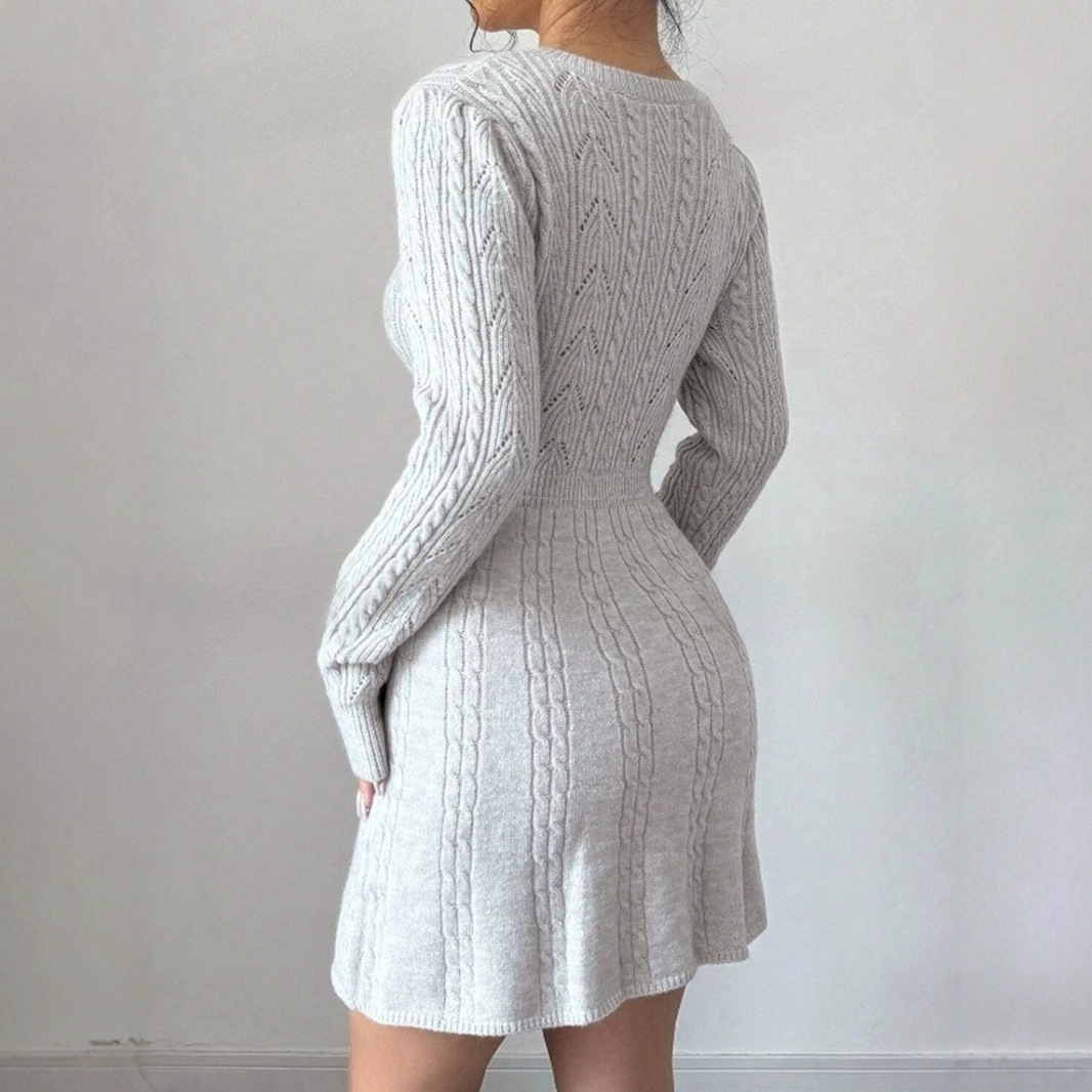 Knit Mini Dress Long Sleeve Solid Color - Cutout Neckline