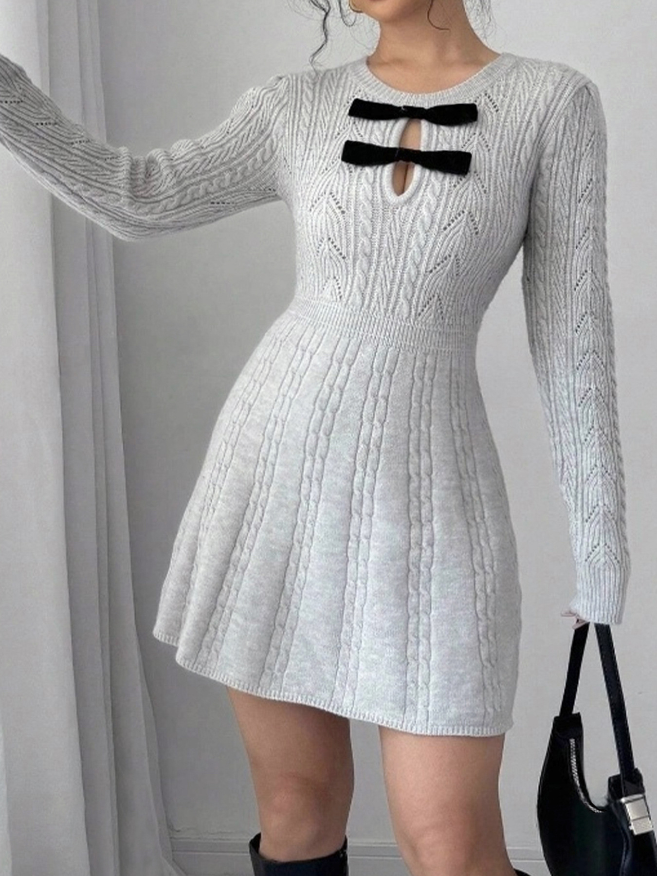 Knit Mini Dress Long Sleeve Solid Color - Cutout Neckline