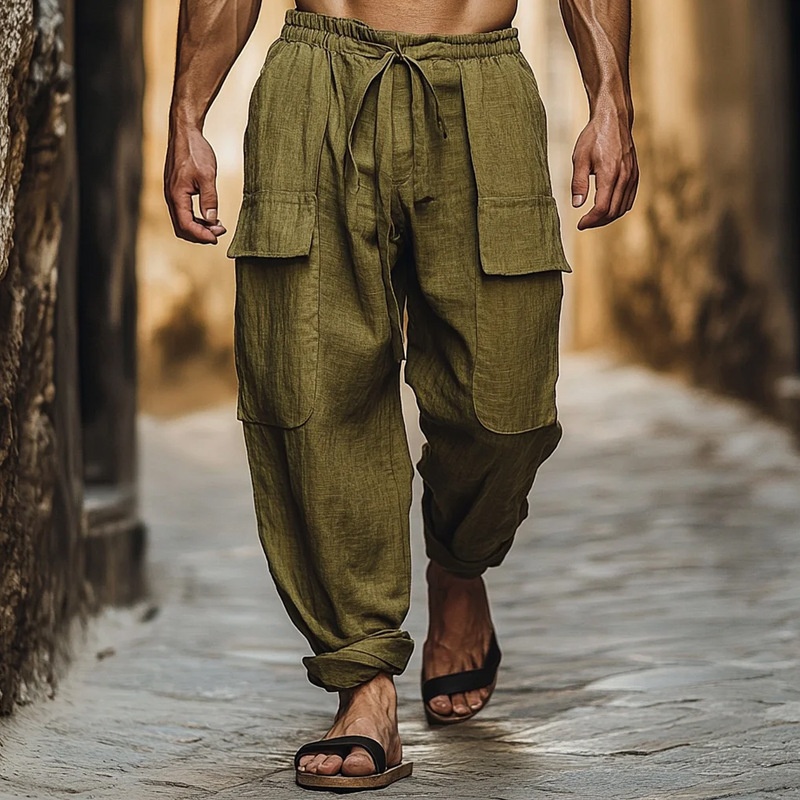 Loose Fit Multi-Pocket Drawstring Trousers for Men's Casual Street Style
