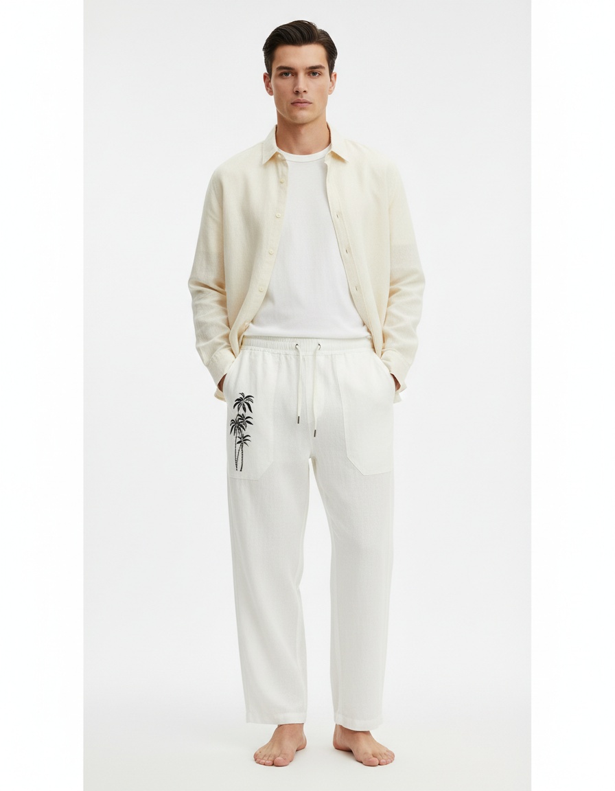 Loose Fit Coconut Tree Print Beach Pants for Menswear