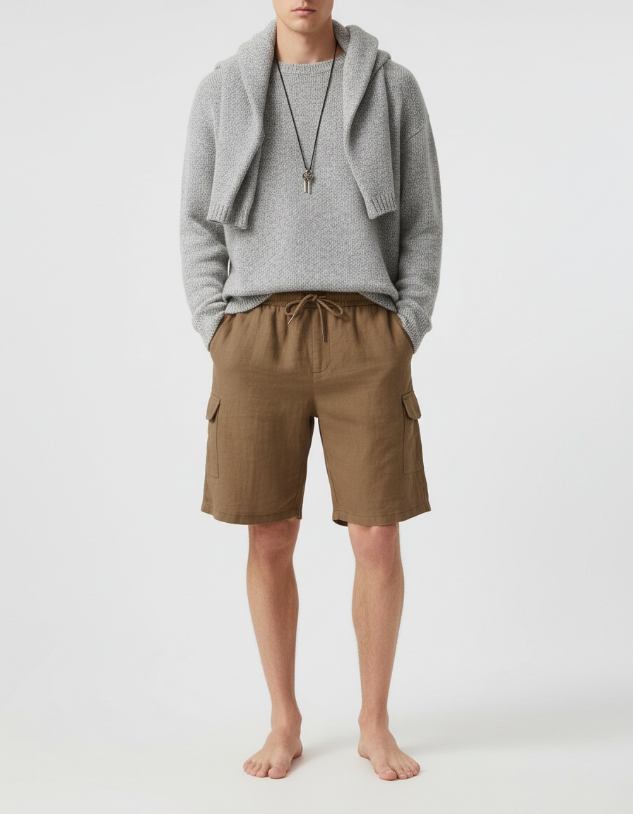 Cotton Blend Multi-Pocket Cargo Shorts with Drawstring for Men's Casual Summer Wear