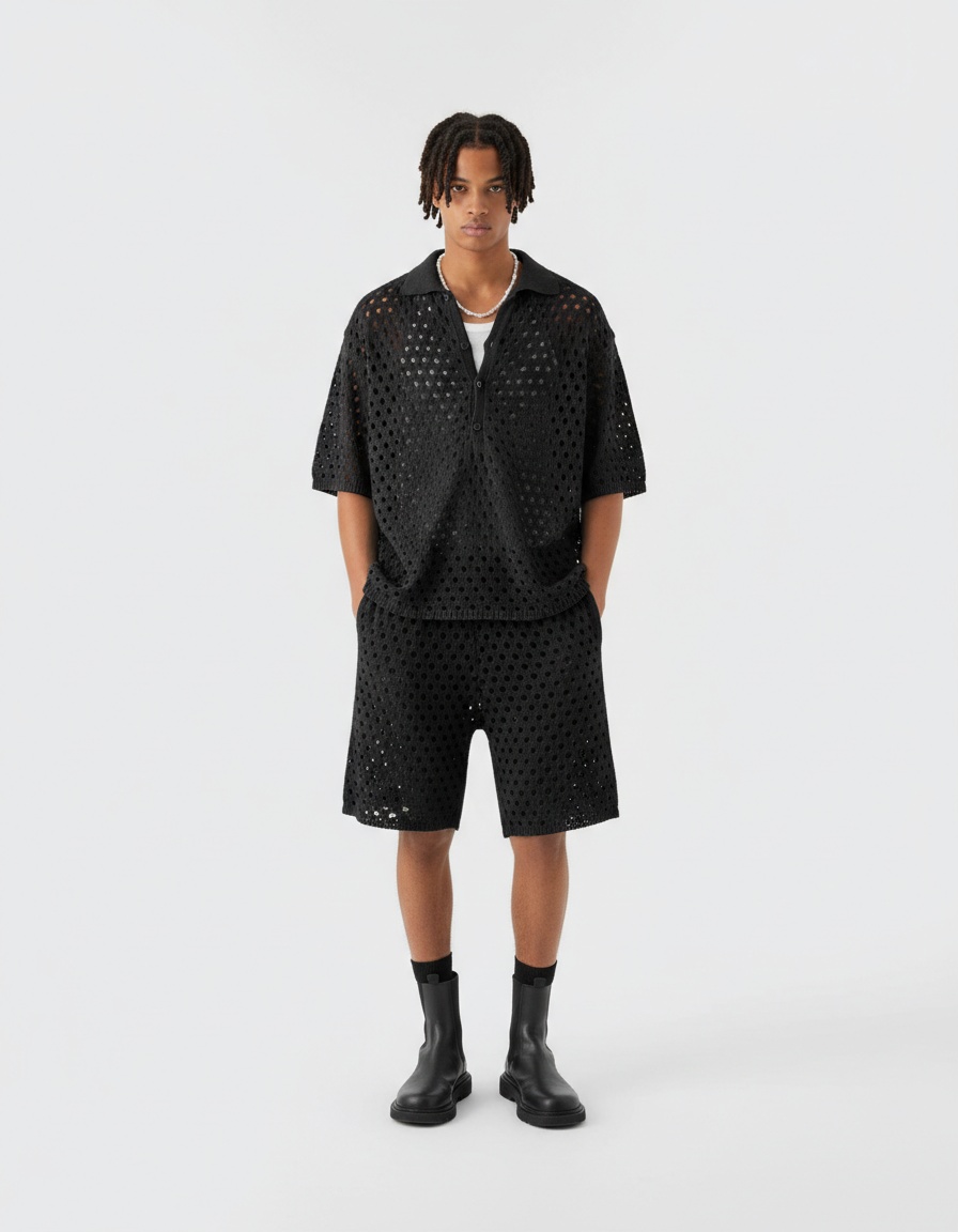 Gebreid overhemd met kraag en bijpassende shorts, perfect voor een casual zomerlook voor heren.