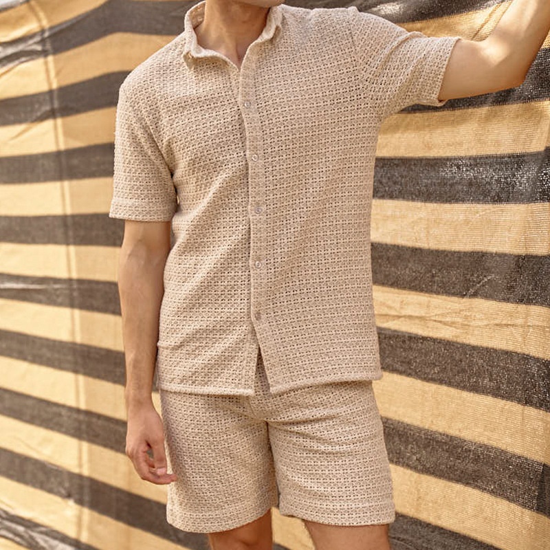 Plaid Collared Two-Piece Set for Men's Breathable Summer Casual Wear