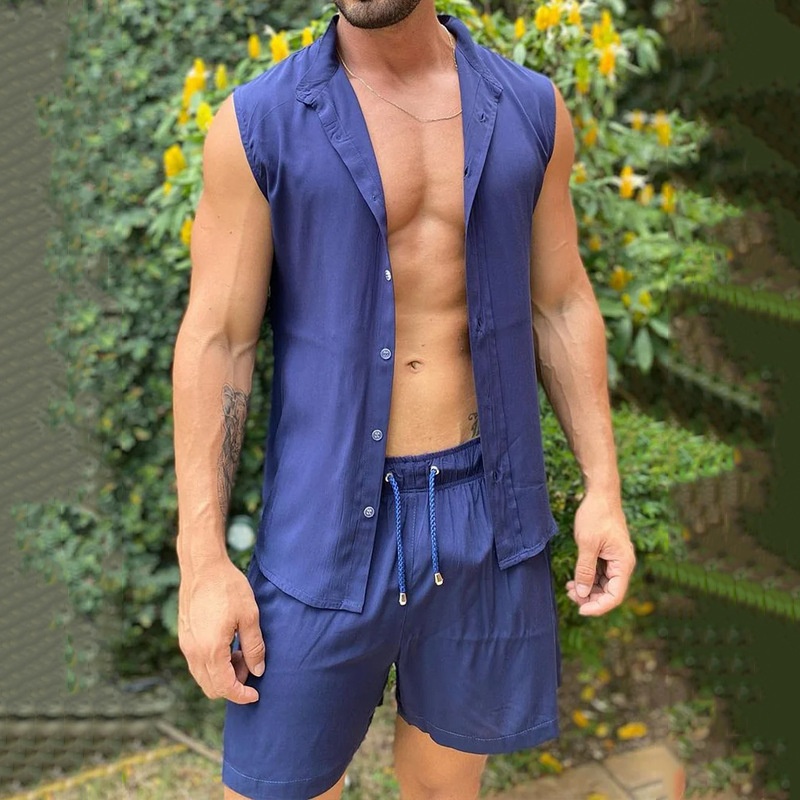 Losse, effen, mouwloze blouse en short, casual tweedelige set voor heren, perfect voor de zomer.