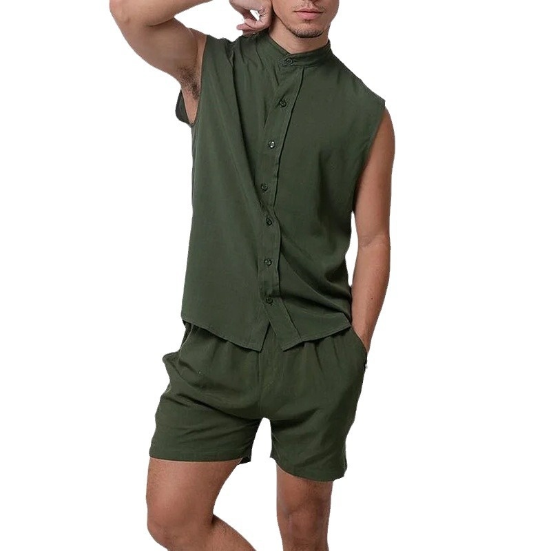 Losse, effen, mouwloze blouse en short, casual tweedelige set voor heren, perfect voor de zomer.