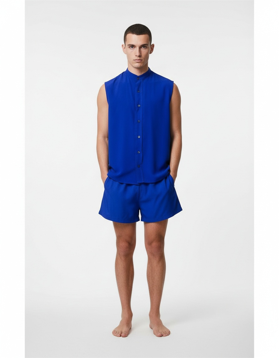 Losse, effen, mouwloze blouse en short, casual tweedelige set voor heren, perfect voor de zomer.