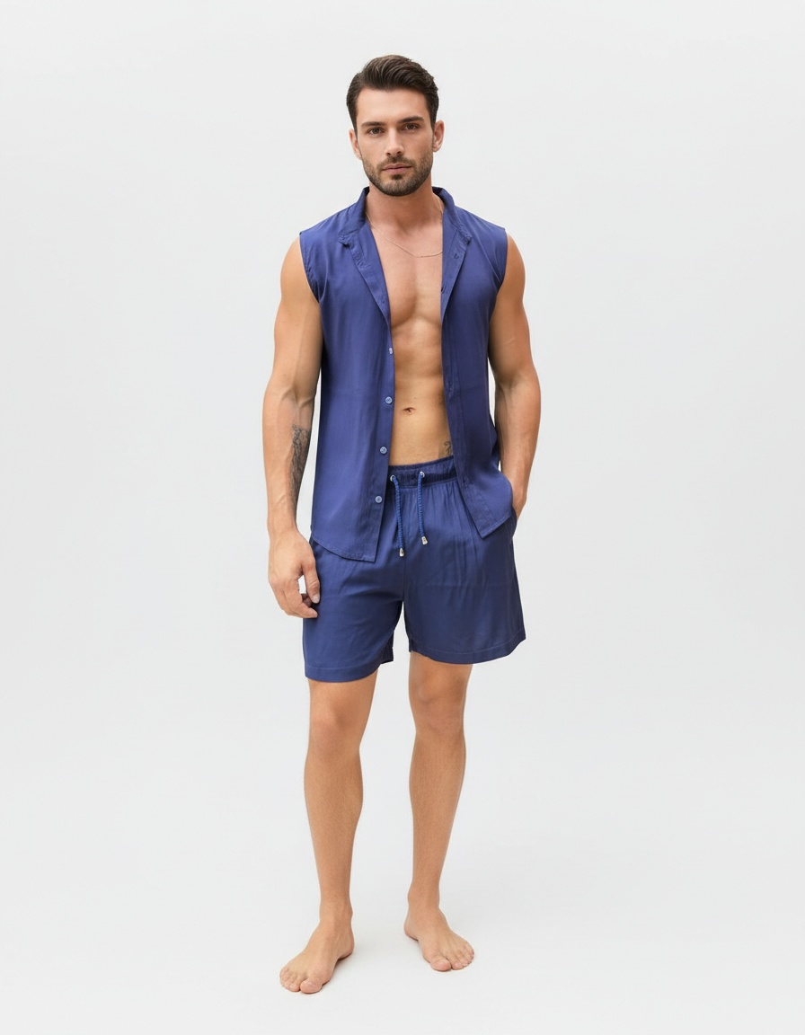 Losse, effen, mouwloze blouse en short, casual tweedelige set voor heren, perfect voor de zomer.