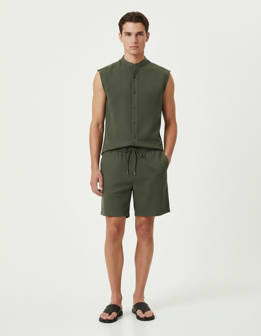 Losse, effen, mouwloze blouse en short, casual tweedelige set voor heren, perfect voor de zomer.