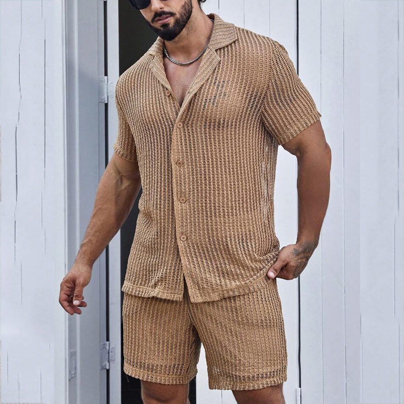 Solid Color Short-Sleeve Collared Shirt and Shorts Breathable Summer Set for Men