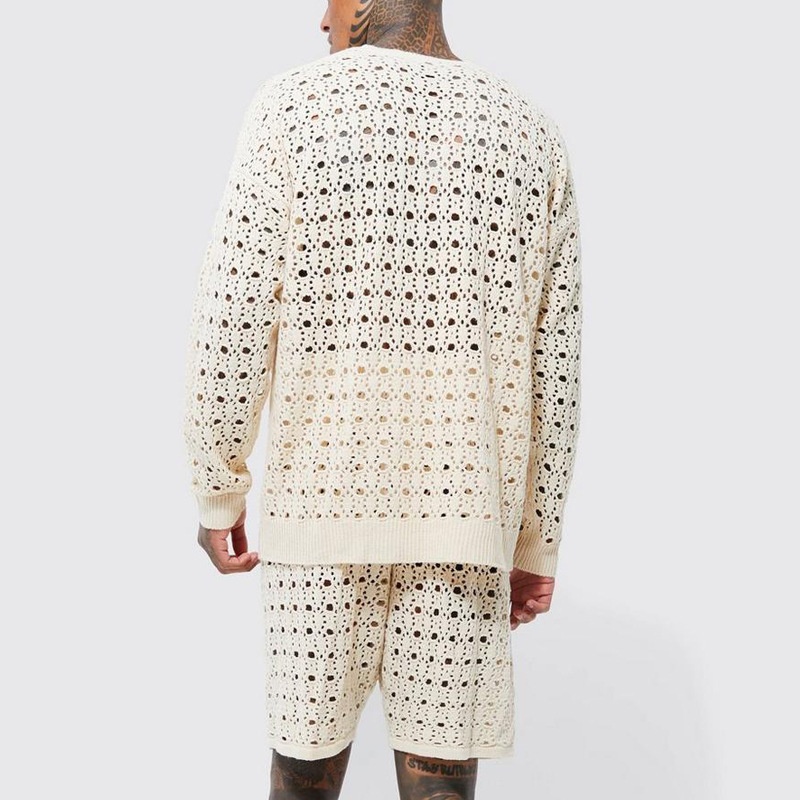 Loose Fit Hollow-Out Men's Suit with Long Sleeve Top and Shorts for Spring Casual Wear