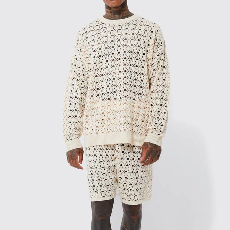 Loose Fit Hollow-Out Men's Suit with Long Sleeve Top and Shorts for Spring Casual Wear