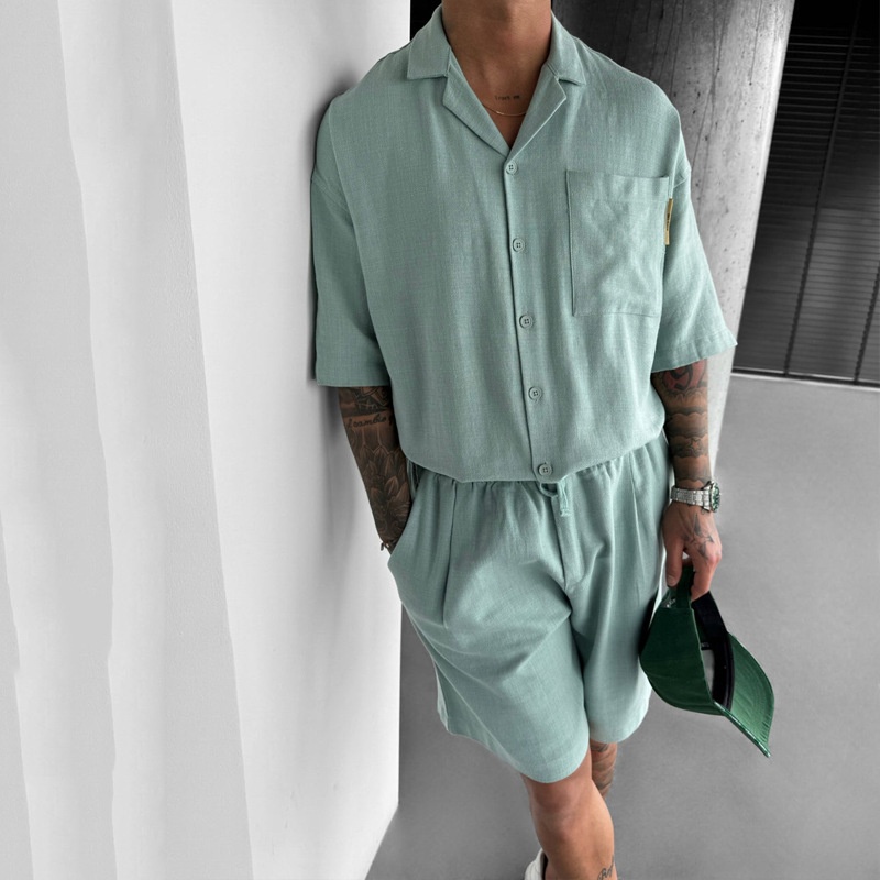 Loose Fit Breathable Short-Sleeve Shirt and Shorts Two-Piece Set for Men's Casual Summer Wear