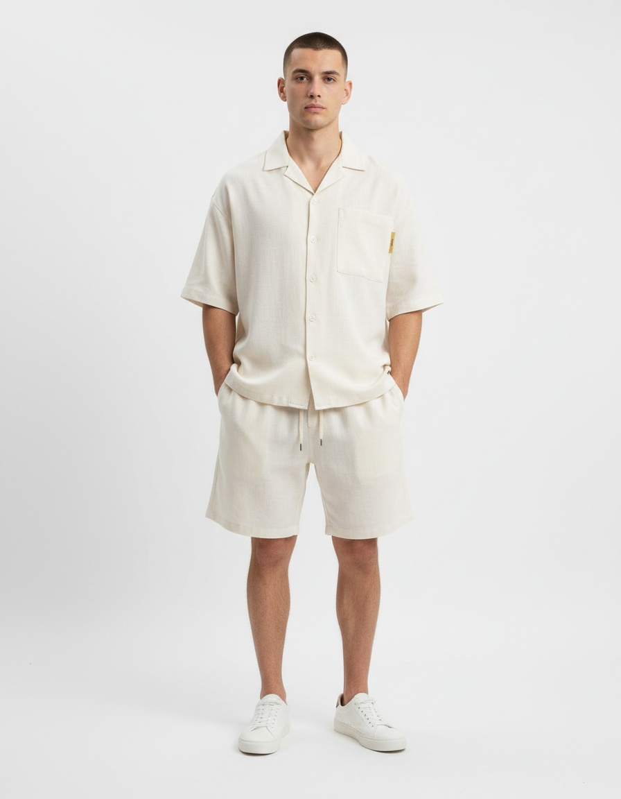 Loose Fit Breathable Short-Sleeve Shirt and Shorts Two-Piece Set for Men's Casual Summer Wear