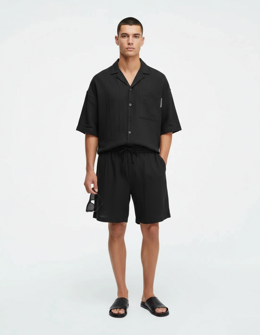 Loose Fit Breathable Short-Sleeve Shirt and Shorts Two-Piece Set for Men's Casual Summer Wear