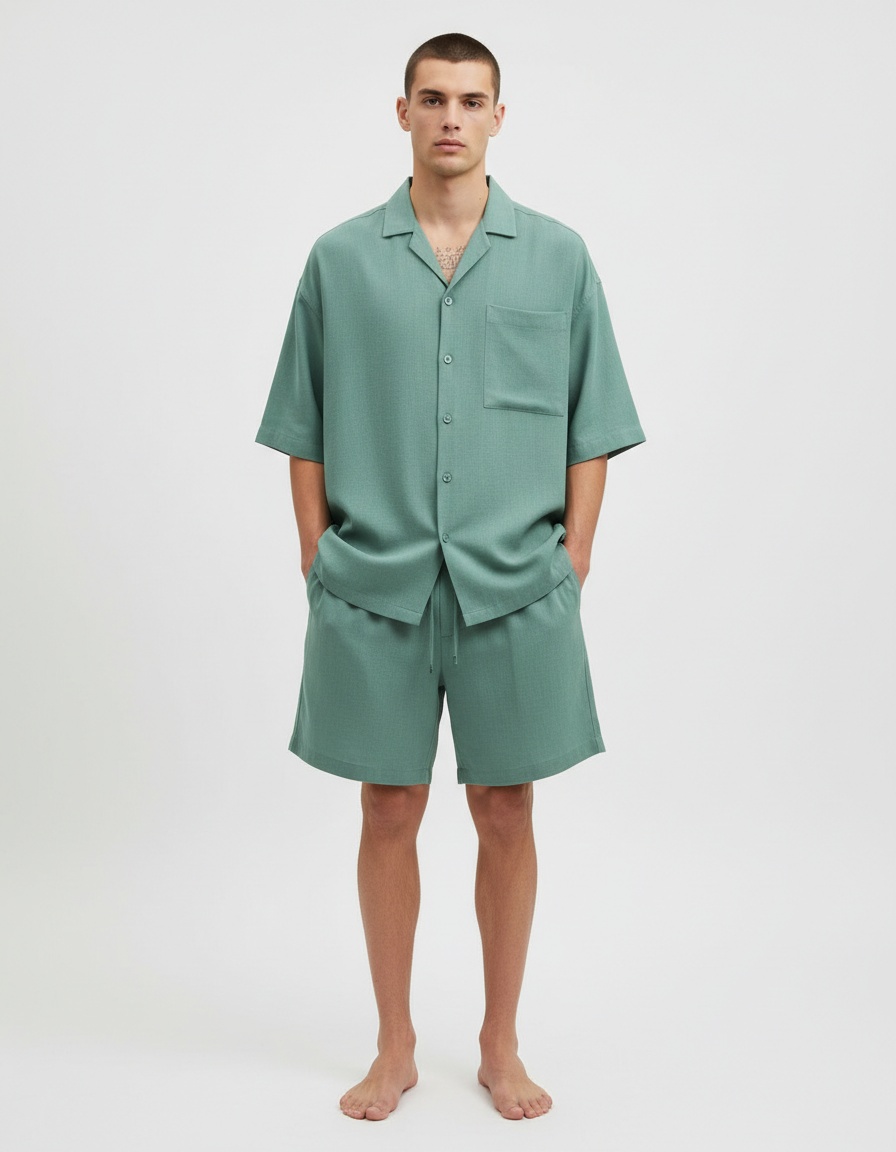 Loose Fit Breathable Short-Sleeve Shirt and Shorts Two-Piece Set for Men's Casual Summer Wear