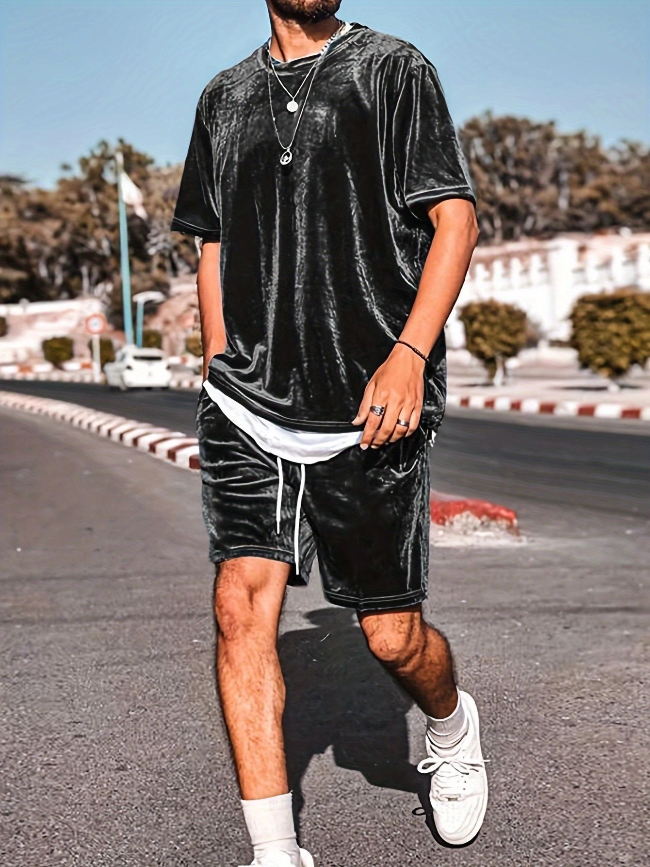 Cotton Blend Short-Sleeve T-Shirt and Shorts Two-Piece Set for Men's Casual Summer Wear