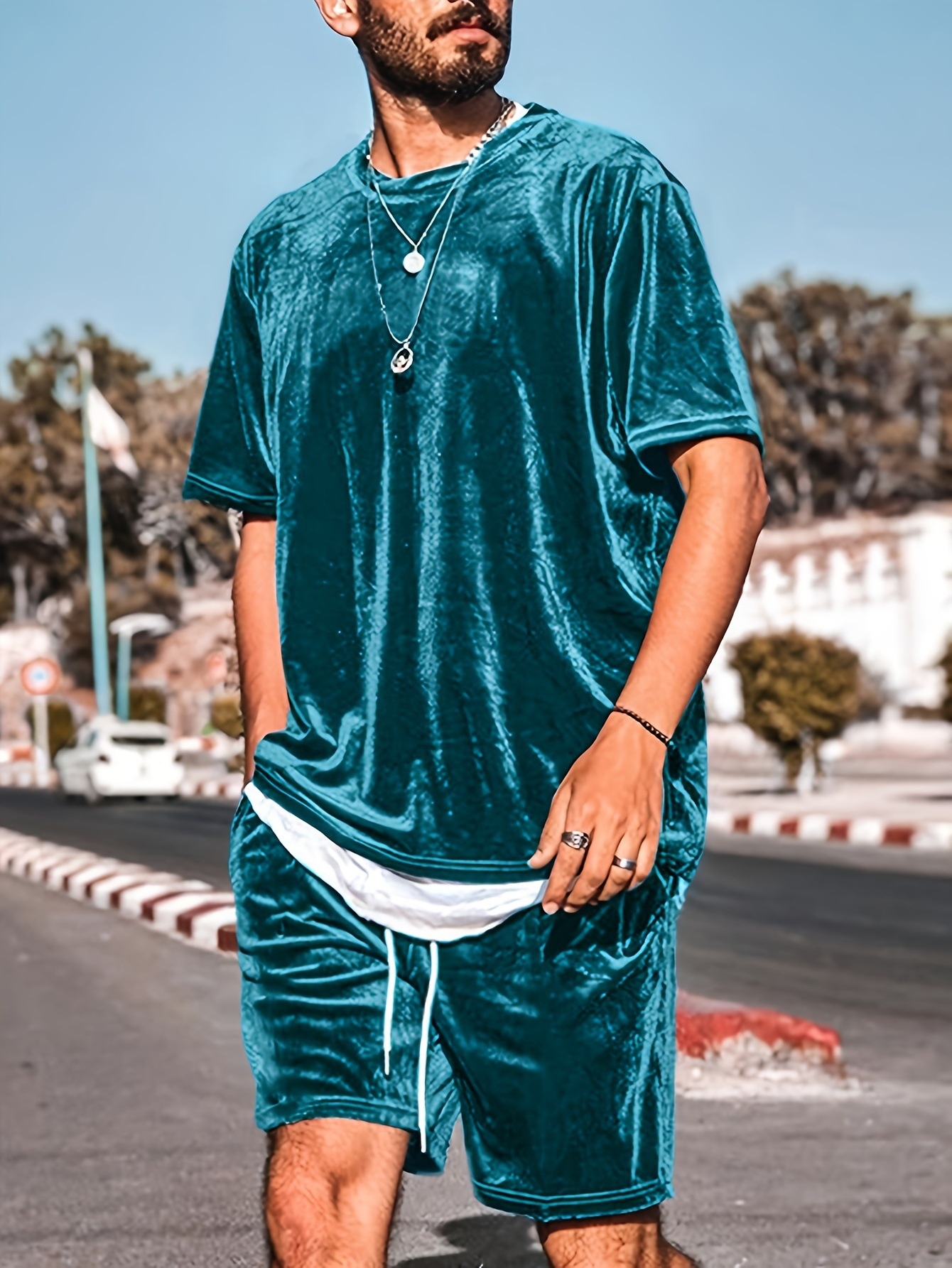 Cotton Blend Short-Sleeve T-Shirt and Shorts Two-Piece Set for Men's Casual Summer Wear