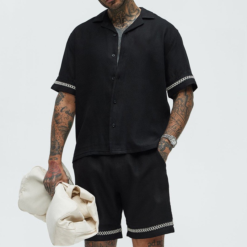 Cuban Style Breathable Two-Piece Short Set for Men's Casual Summer Wear