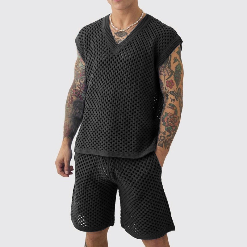Hollow Knit Sleeveless V-Neck Vest and Shorts Two-Piece Set for Men's Casual Summer Wear