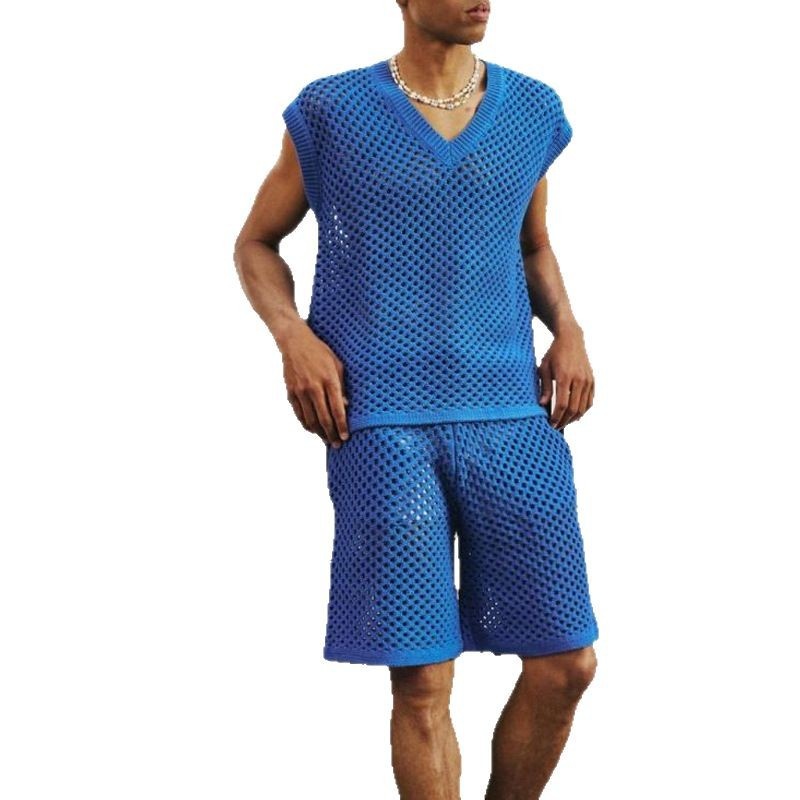Hollow Knit Sleeveless V-Neck Vest and Shorts Two-Piece Set for Men's Casual Summer Wear