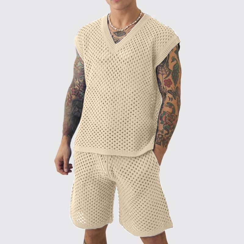 Hollow Knit Sleeveless V-Neck Vest and Shorts Two-Piece Set for Men's Casual Summer Wear