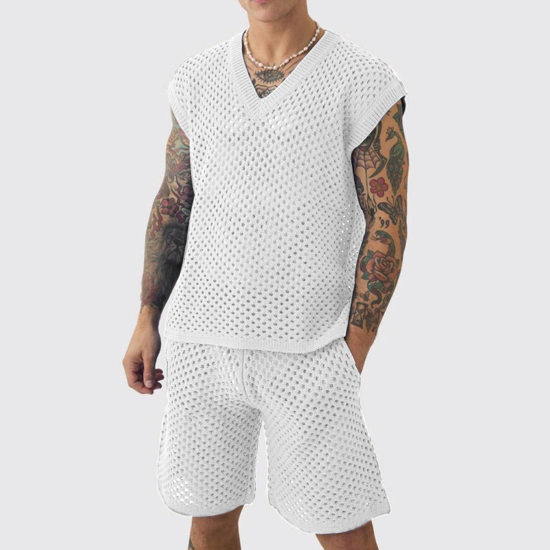 Hollow Knit Sleeveless V-Neck Vest and Shorts Two-Piece Set for Men's Casual Summer Wear
