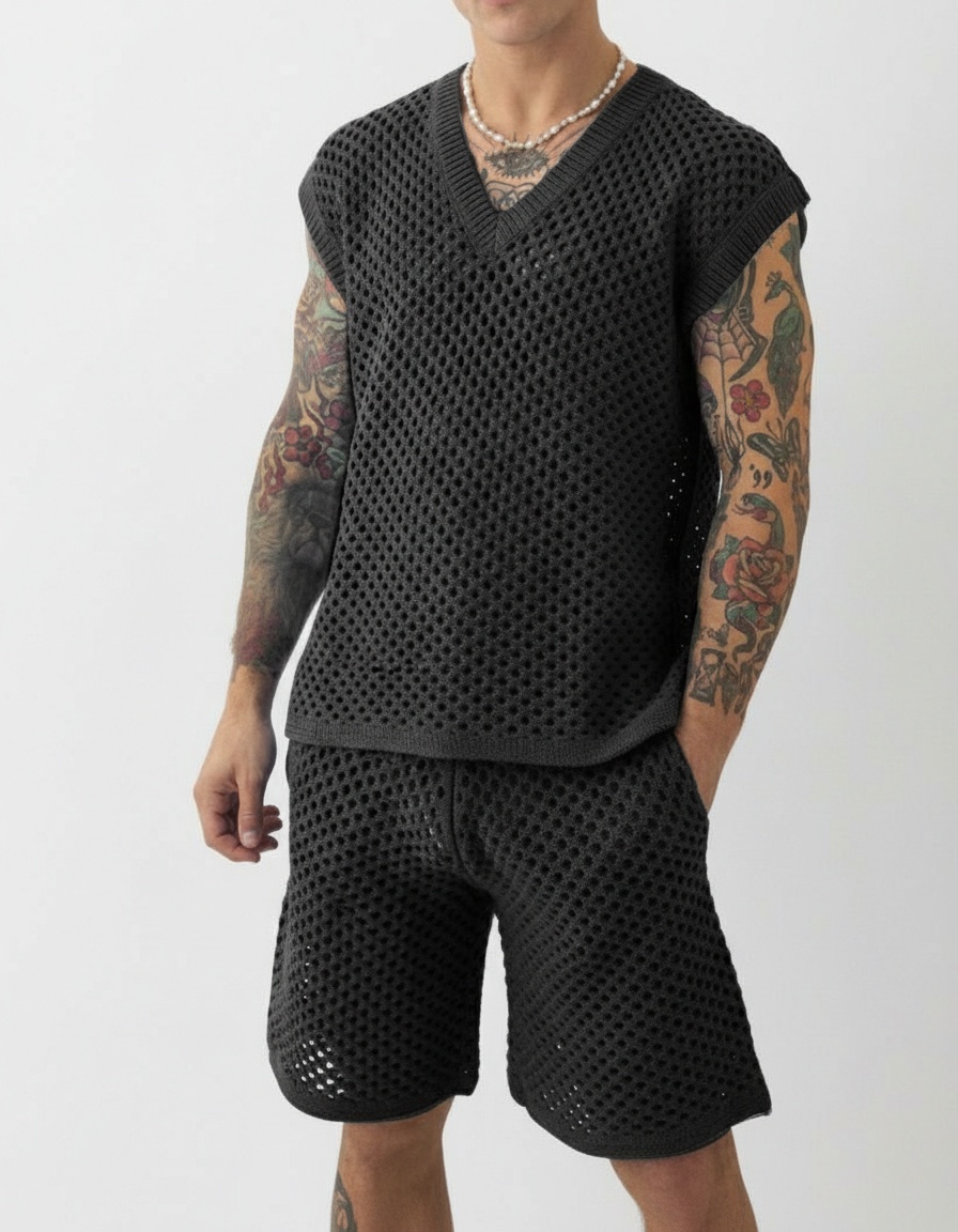 Hollow Knit Sleeveless V-Neck Vest and Shorts Two-Piece Set for Men's Casual Summer Wear