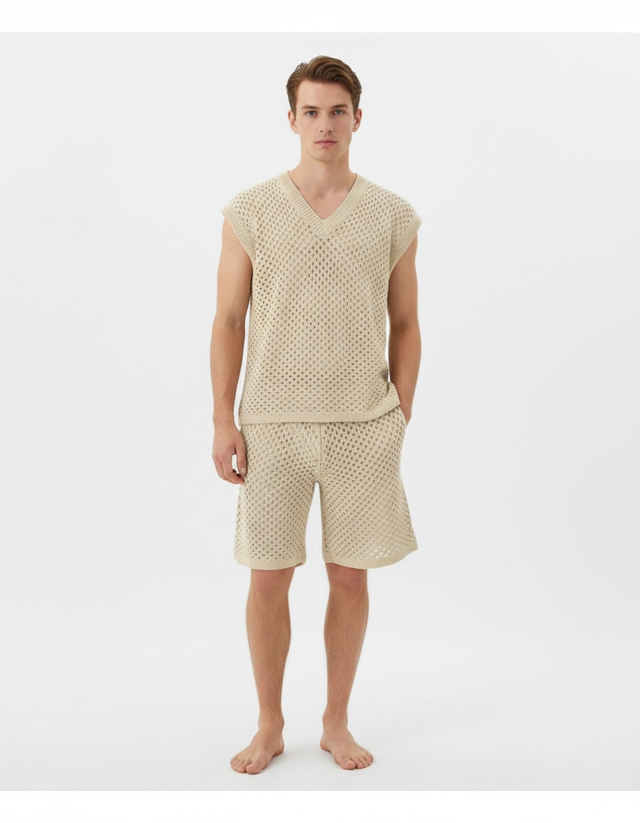 Hollow Knit Sleeveless V-Neck Vest and Shorts Two-Piece Set for Men's Casual Summer Wear