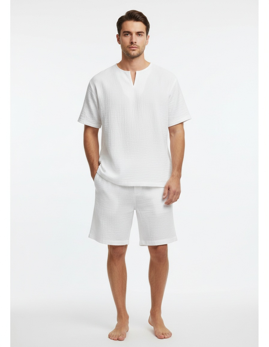 Ensemble deux pièces pour homme : chemise ample à col en V et manches courtes et short, idéal pour l'été décontracté.
