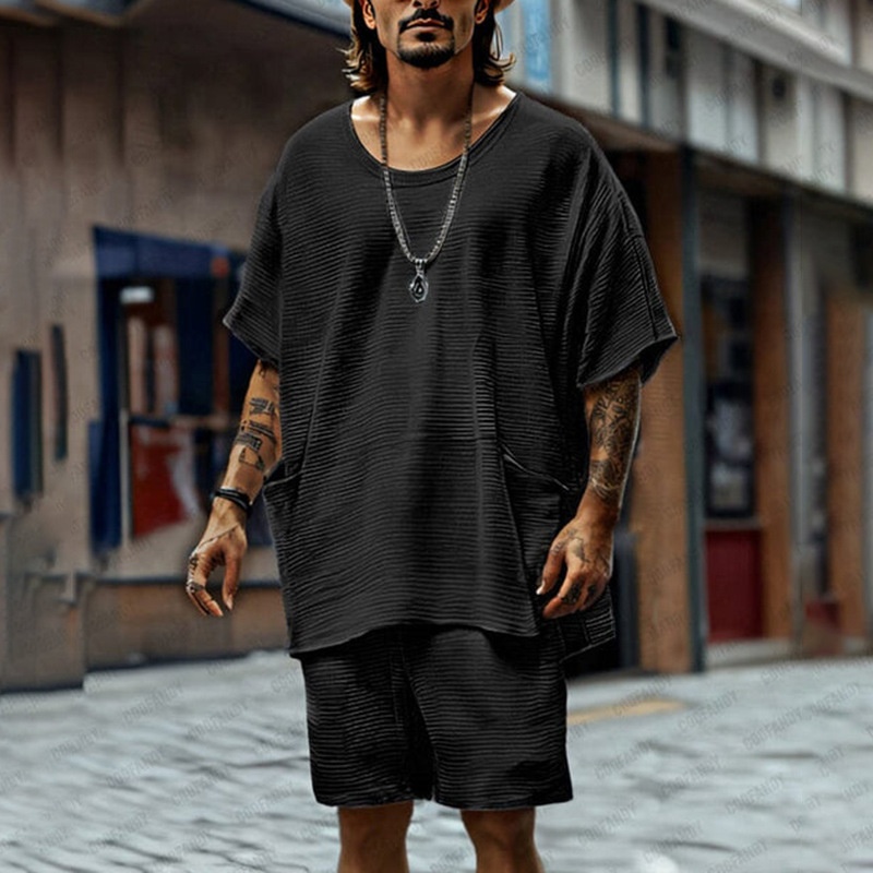 Loose Fit Breathable Crew Neck Men's Shorts Set for Casual Summer Wear