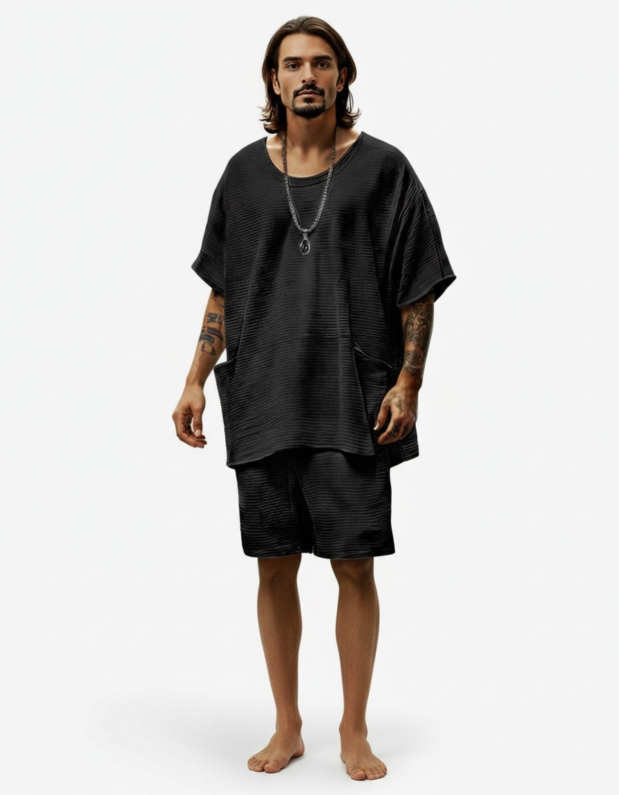 Loose Fit Breathable Crew Neck Men's Shorts Set for Casual Summer Wear