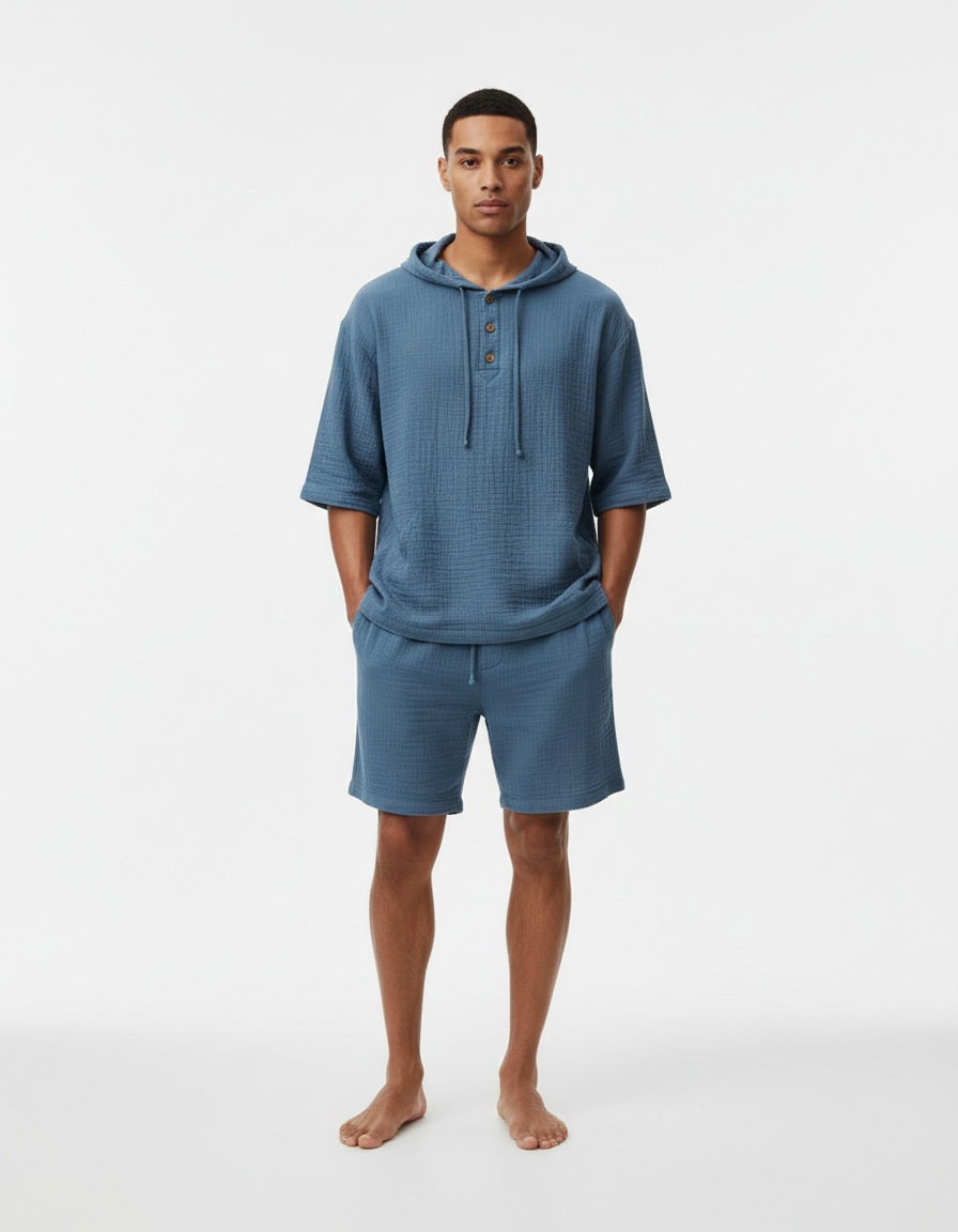 Loose Fit Solid Color Hooded Two-Piece Set for Men's Casual Summer Wear