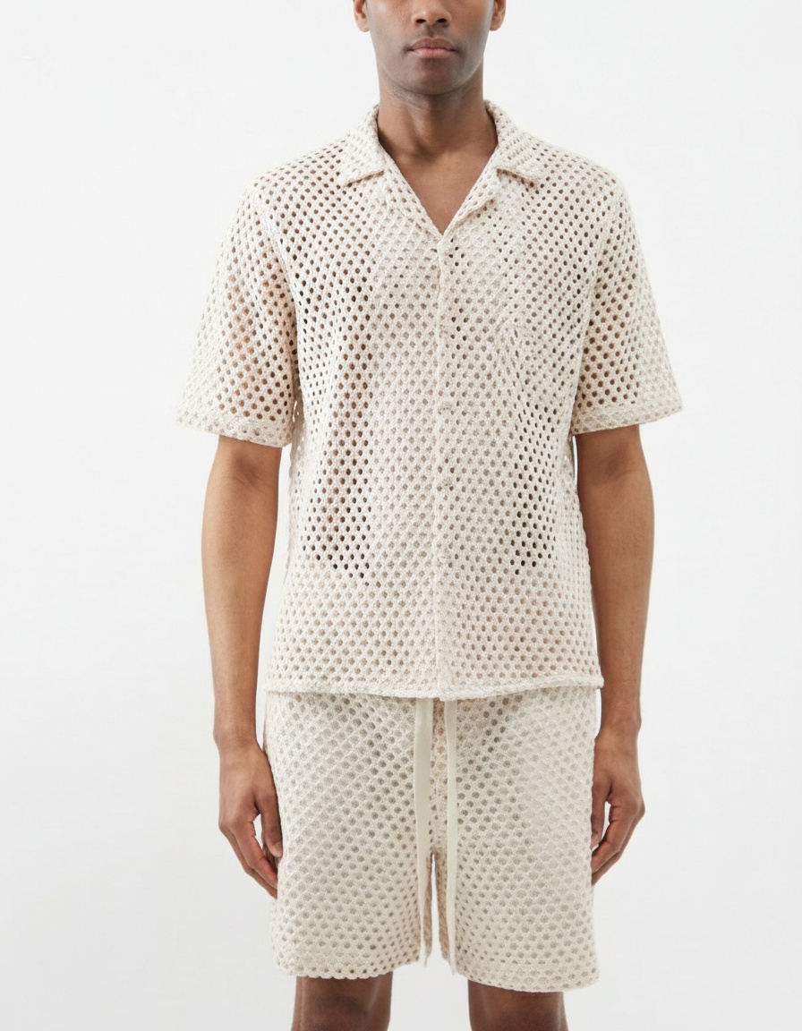 Hollow-Out Breathable Short-Sleeve Shirt and Shorts Two-Piece Set for Men's Casual Spring Sportswear