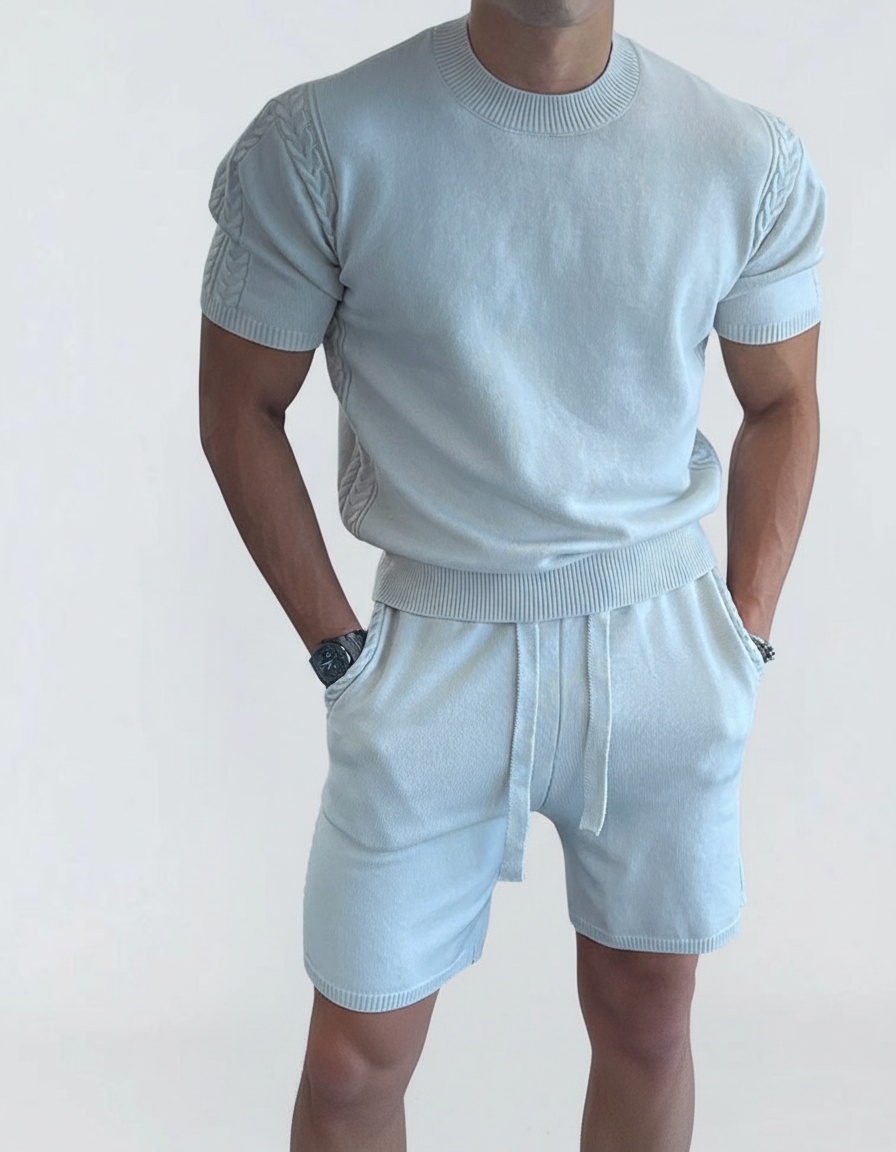 Knitted Jacquard Crew Neck T-Shirt and Shorts Two-Piece Set for Men's Casual Summer Wear