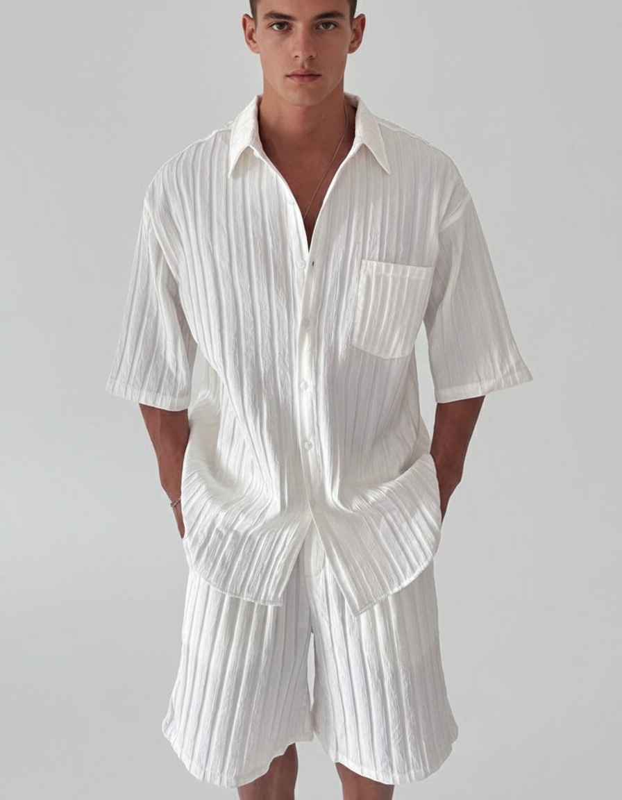 Polyester Blend Breathable Shirt and Shorts Men's Casual Summer Set