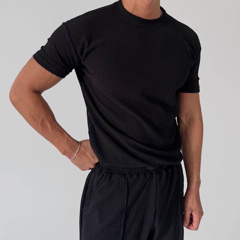Cotton Blend Round Neck T-Shirt and Trousers Two-Piece Set for Men's Casual Summer Wear