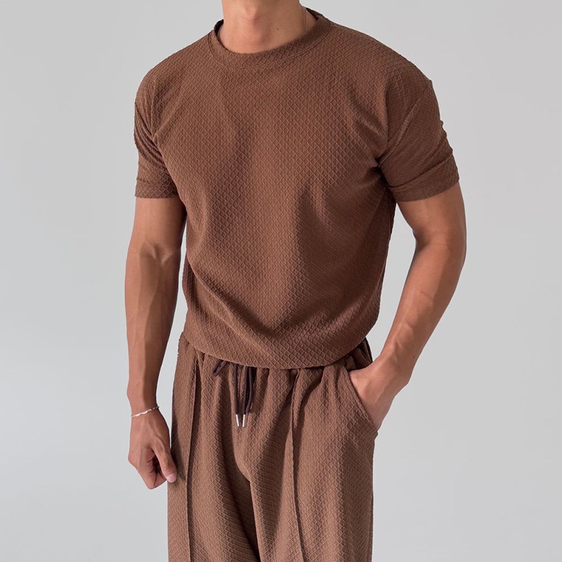 Cotton Blend Round Neck T-Shirt and Trousers Two-Piece Set for Men's Casual Summer Wear