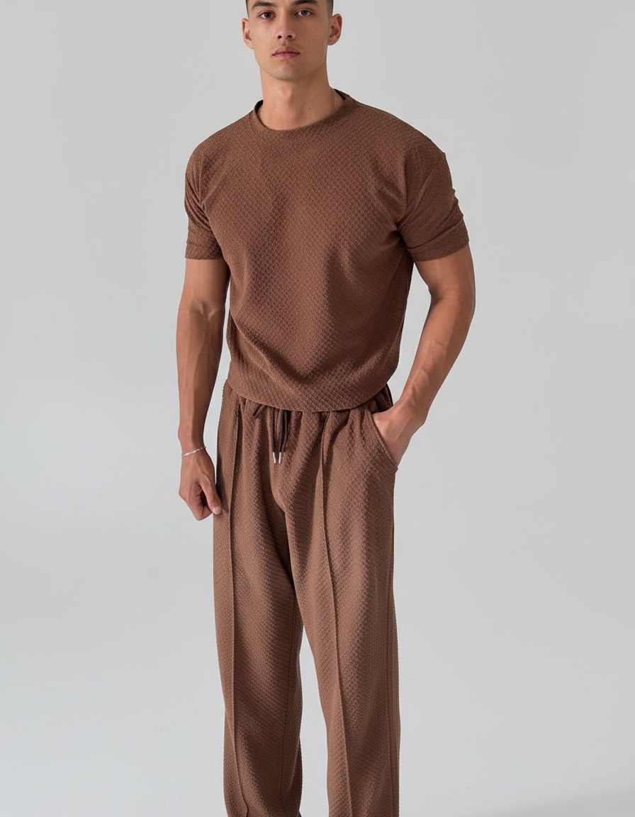 Cotton Blend Round Neck T-Shirt and Trousers Two-Piece Set for Men's Casual Summer Wear