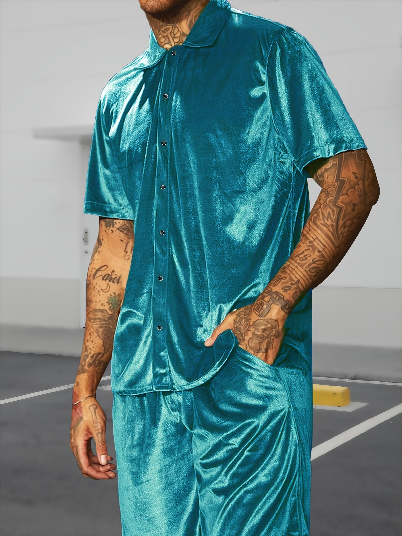 Velvet Solid Color Lapel Shirt and Shorts Casual Set for Men's Summer Wear