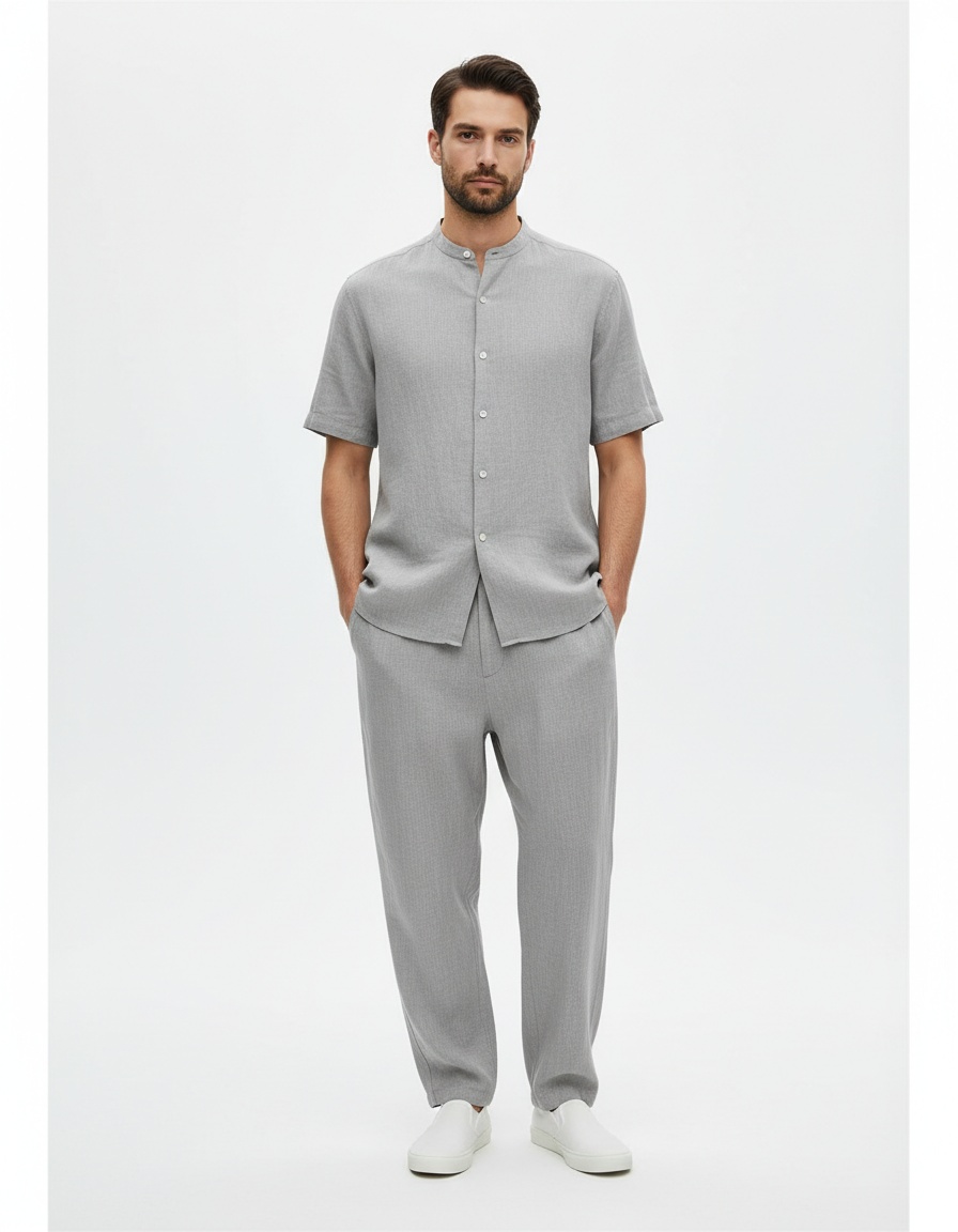 Loose Fit Solid Color Summer Set for Men with Short-Sleeved Shirt and Casual Pants