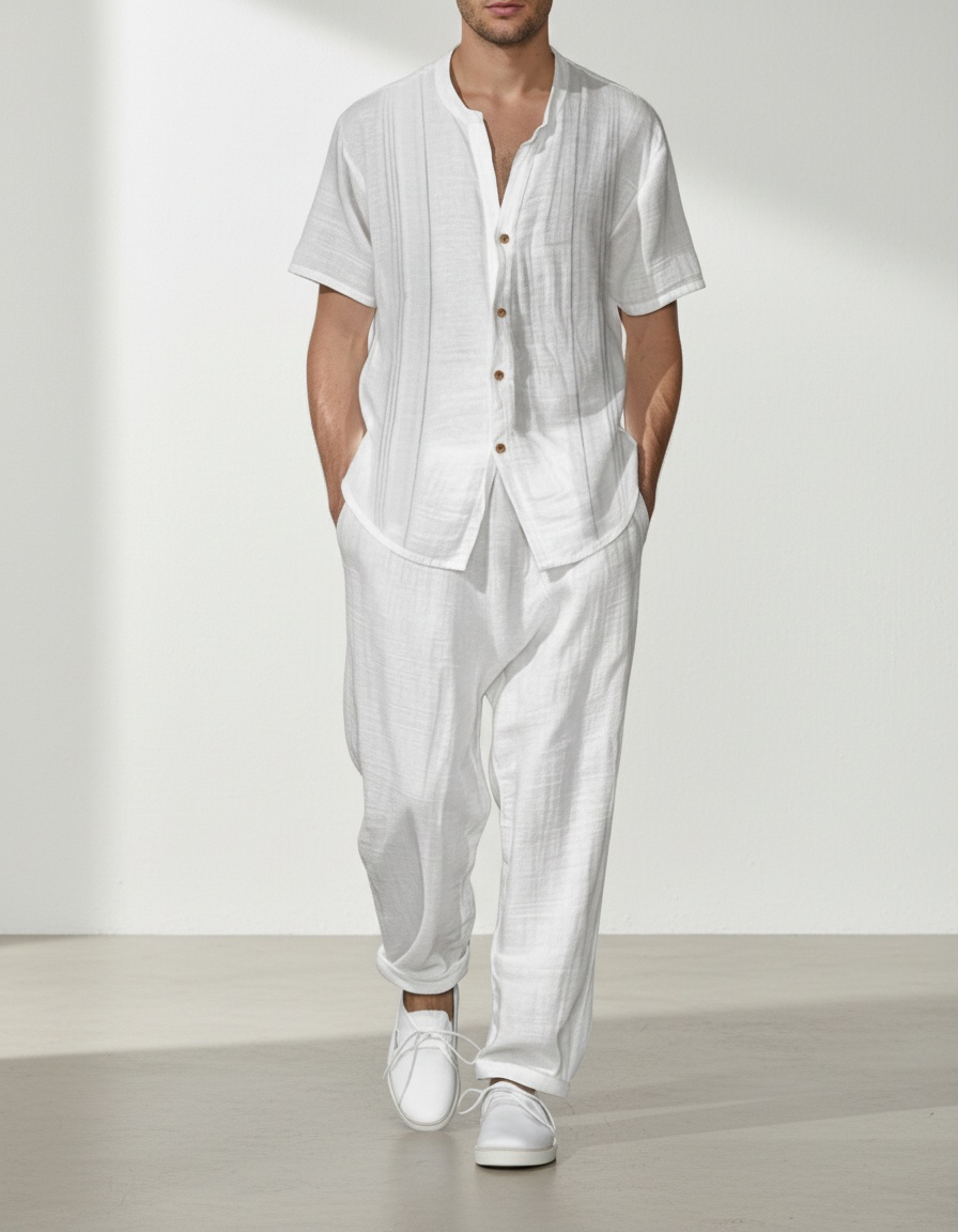 Loose Fit Solid Color Summer Set for Men with Short-Sleeved Shirt and Casual Pants