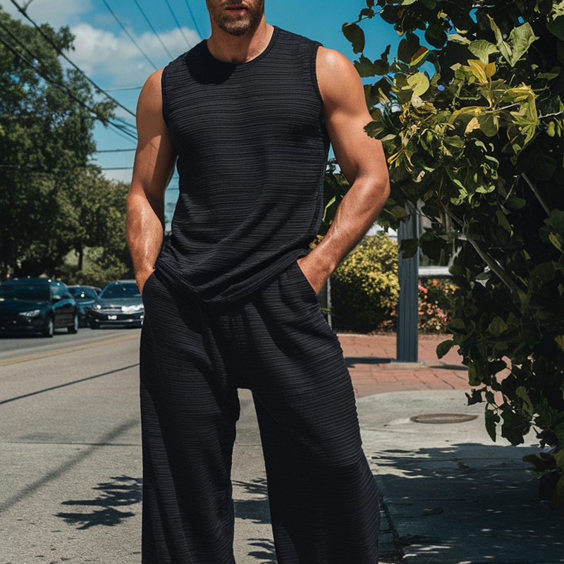Street Style Sleeveless Vest and Trousers Casual Sportswear Set for Men
