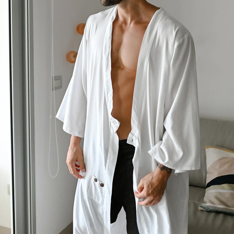 Solid Color Cotton Cape Coat with Button Detail for Casual Men's Summer Wear