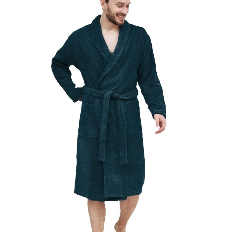 Solid Color Lapel Long Bathrobe with Breathable Casual Fit for Men's Loungewear